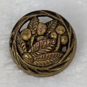 1940s Oval Leaf & Berry Raised Design Button Pierced Brass-Tone Unknown Material